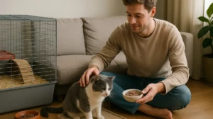 A man feeding a cat with pet housing and essentials in the background.