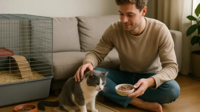A man feeding a cat with pet housing and essentials in the background.