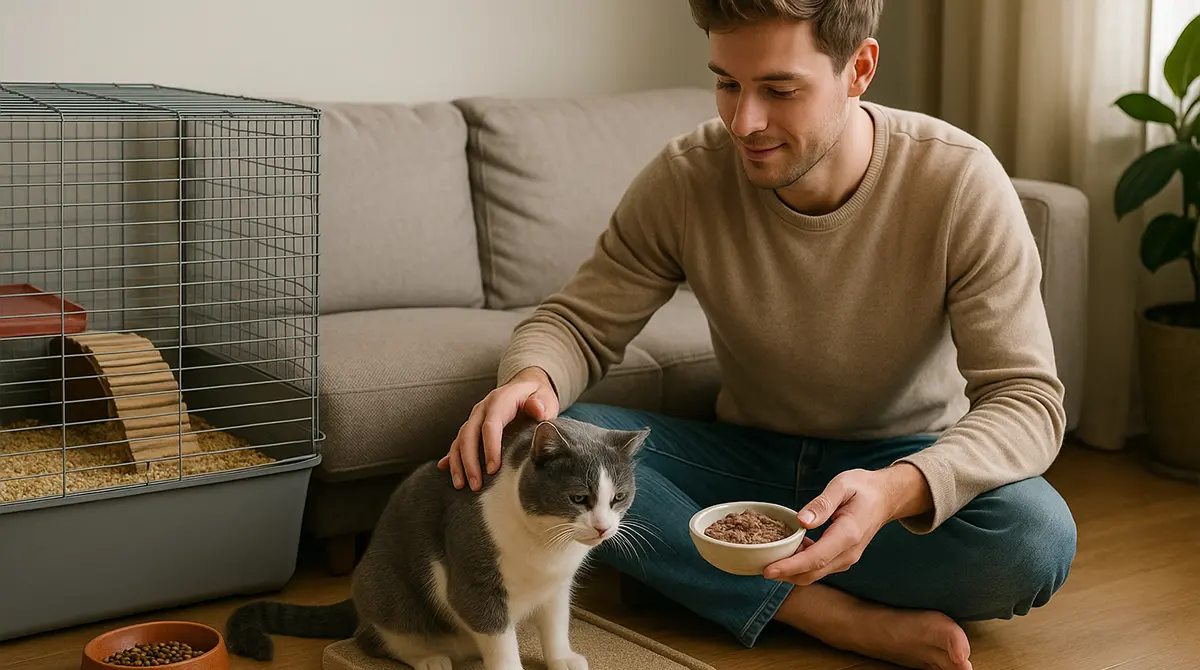 A man feeding a cat with pet housing and essentials in the background.