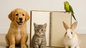 A puppy, kitten, rabbit, and parrot sitting together with a training book.