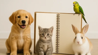 A puppy, kitten, rabbit, and parrot sitting together with a training book.