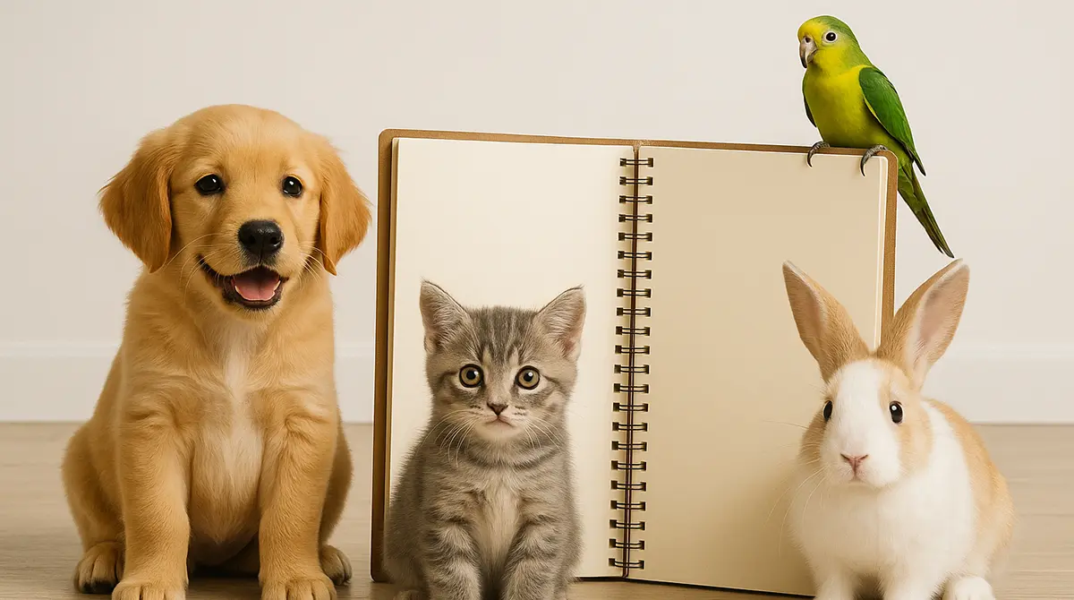 A puppy, kitten, rabbit, and parrot sitting together with a training book.