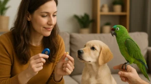 Woman training a puppy with a clicker while a parrot sits nearby.