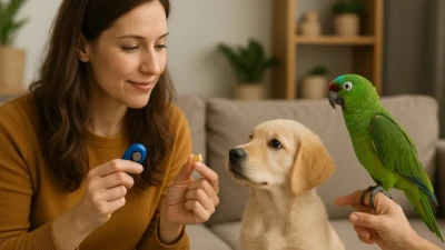 Woman training a puppy with a clicker while a parrot sits nearby.