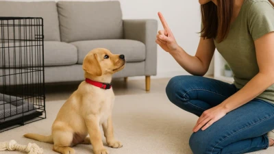 A woman training a golden Labrador puppy beside an open crate at home.