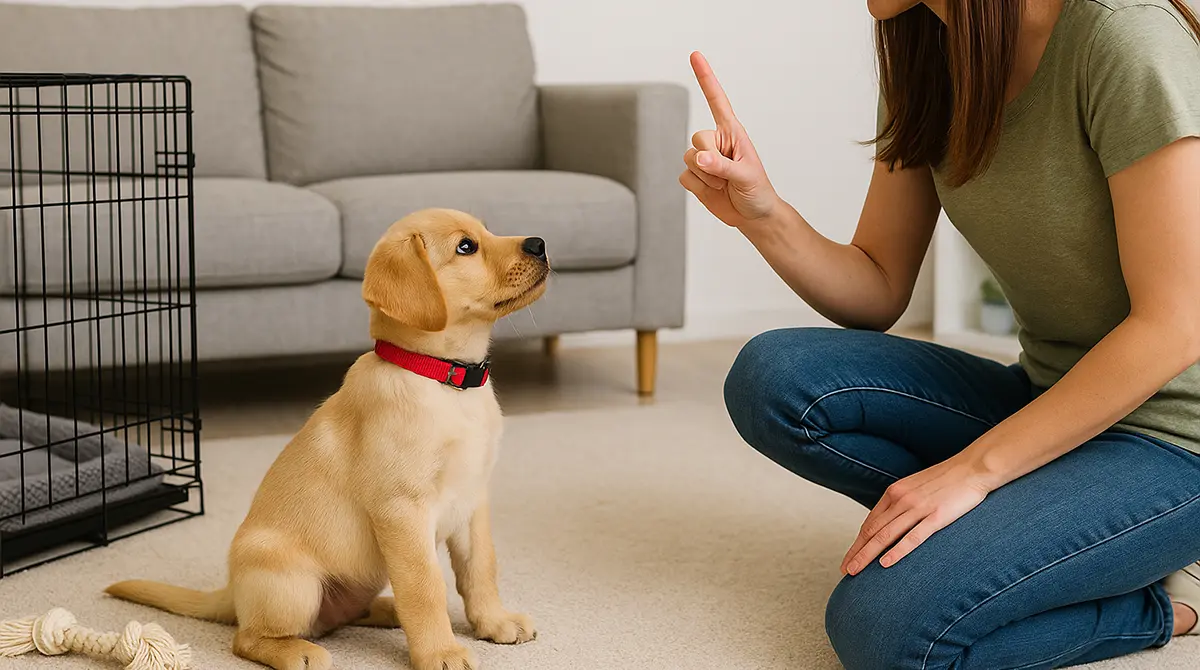 A woman training a golden Labrador puppy beside an open crate at home.