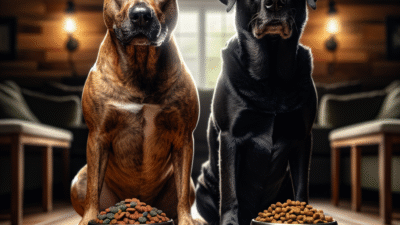Two dogs peacefully sharing food bowls in warm living-room lighting
