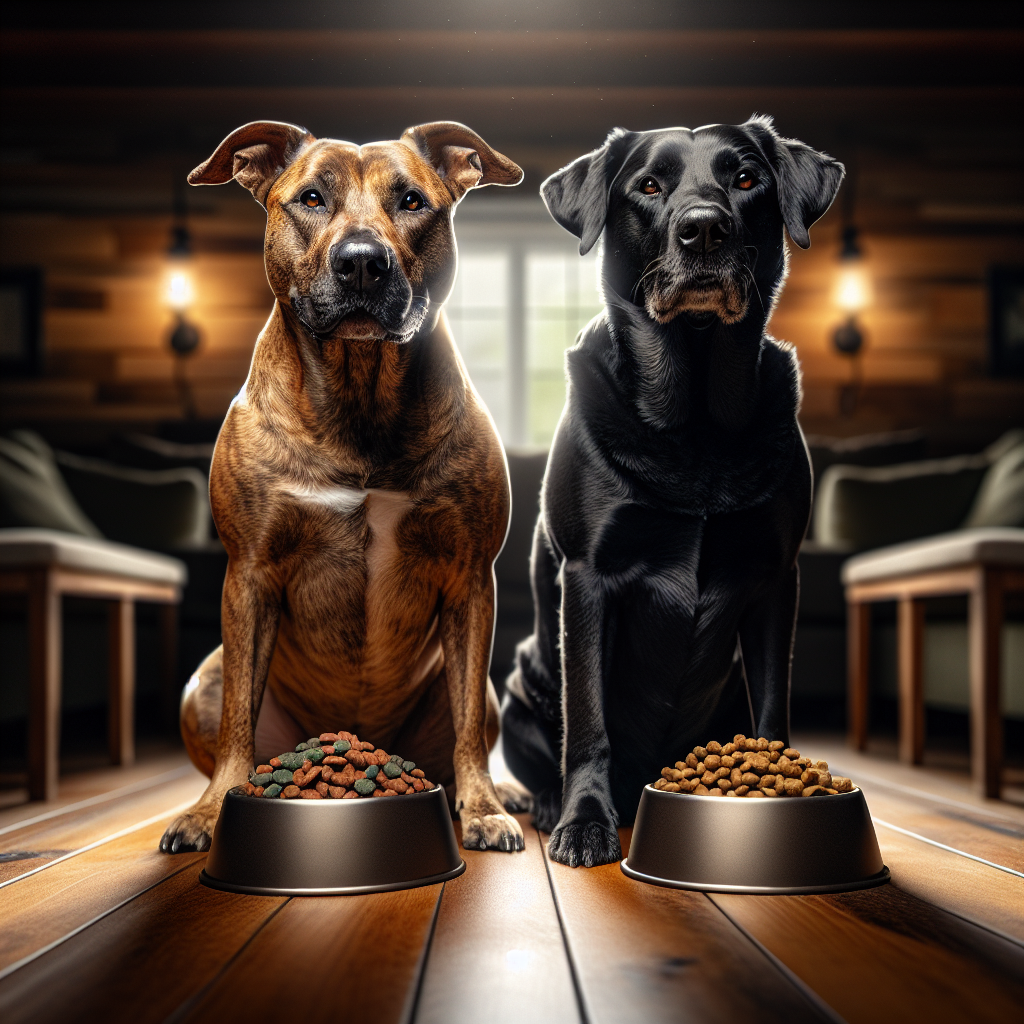 Two dogs peacefully sharing food bowls in warm living-room lighting