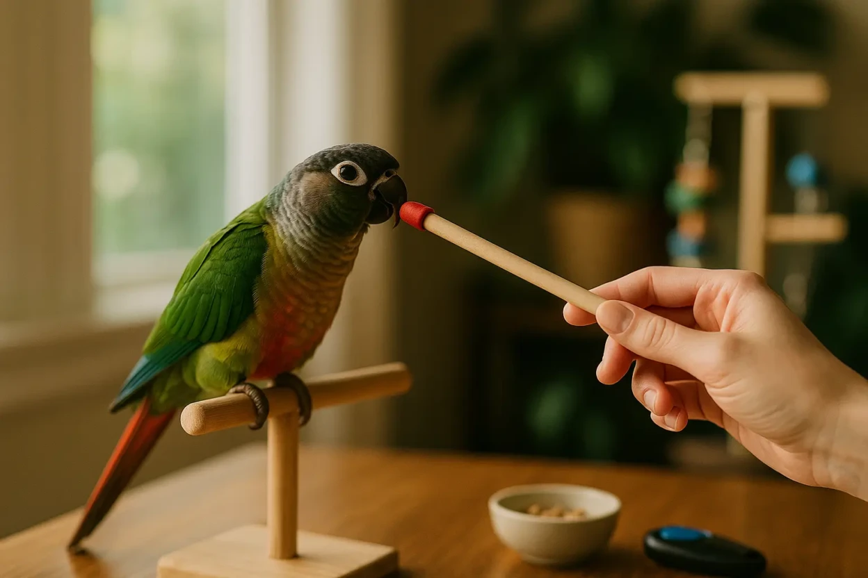 Parrot target training indoors using stick with rewards