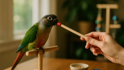 Parrot target training indoors using stick with rewards