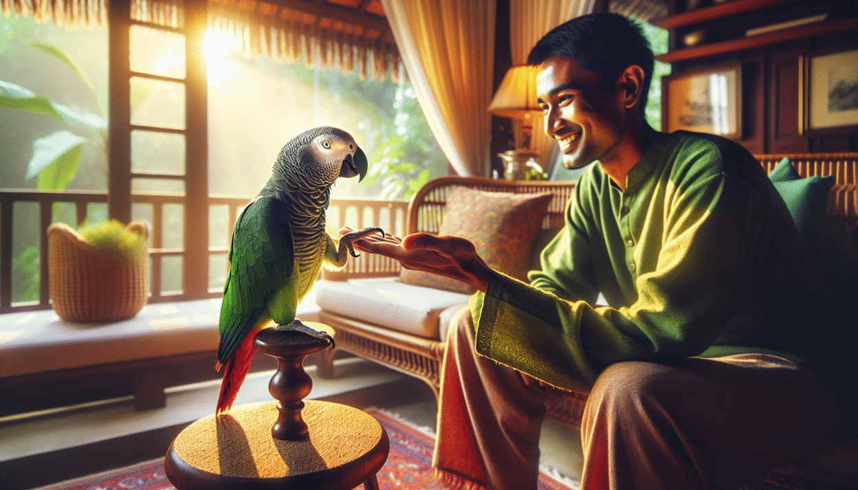 Parrot stepping onto trainer's hand gently