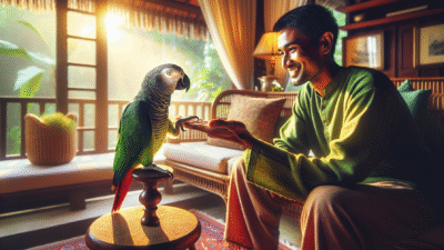 Parrot stepping onto trainer's hand gently