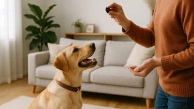 A Labrador dog attentively watching its owner holding a treat during training.