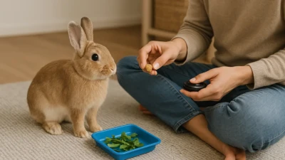 A person training a rabbit with a treat and clicker indoors.