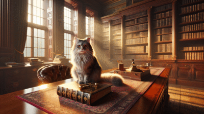 Victorian study cat training mystical golden hour scene