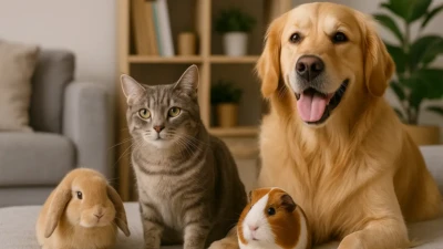 A dog, cat, rabbit, and guinea pig together in a cozy living room.