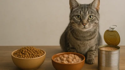 Grey tabby cat with bowls of wet and dry cat food