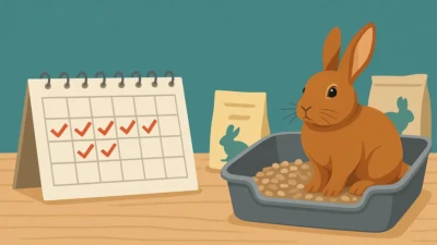 A rabbit sitting in a litter box with a calendar showing progress.