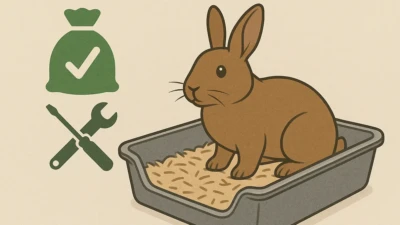 A rabbit sitting in a litter box with safe bedding.