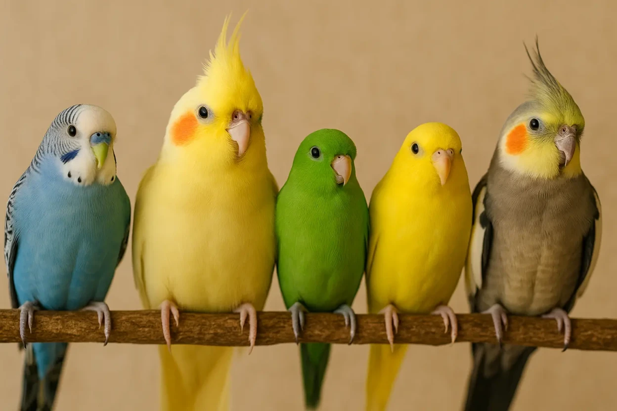 Five colorful pet birds perched side by side on a branch.