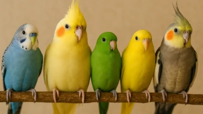 Five colorful pet birds perched side by side on a branch.