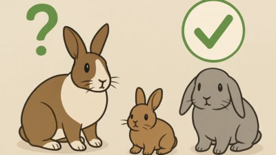 Different rabbit breeds and ages sitting calmly indoors.