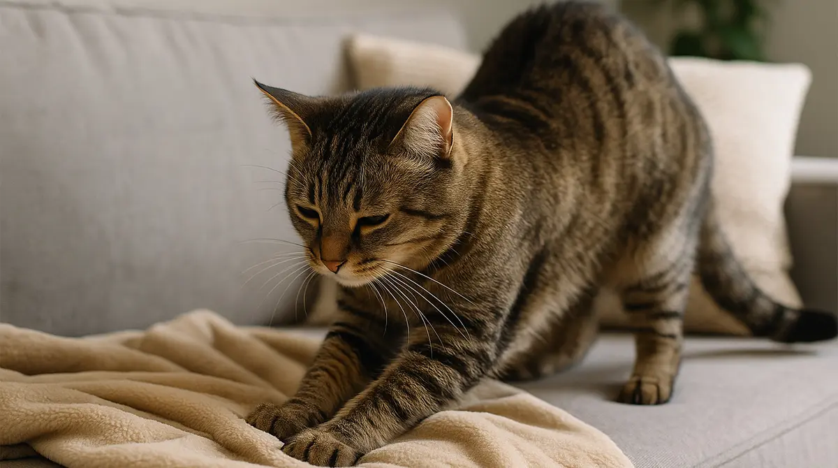 A tabby cat kneading a soft beige blanket on a sofa.