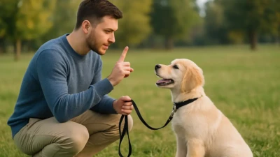 Young man training a Golden Retriever puppy in a grassy field.