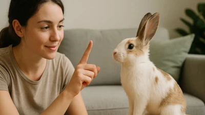 Woman training a rabbit indoors with gentle interaction.