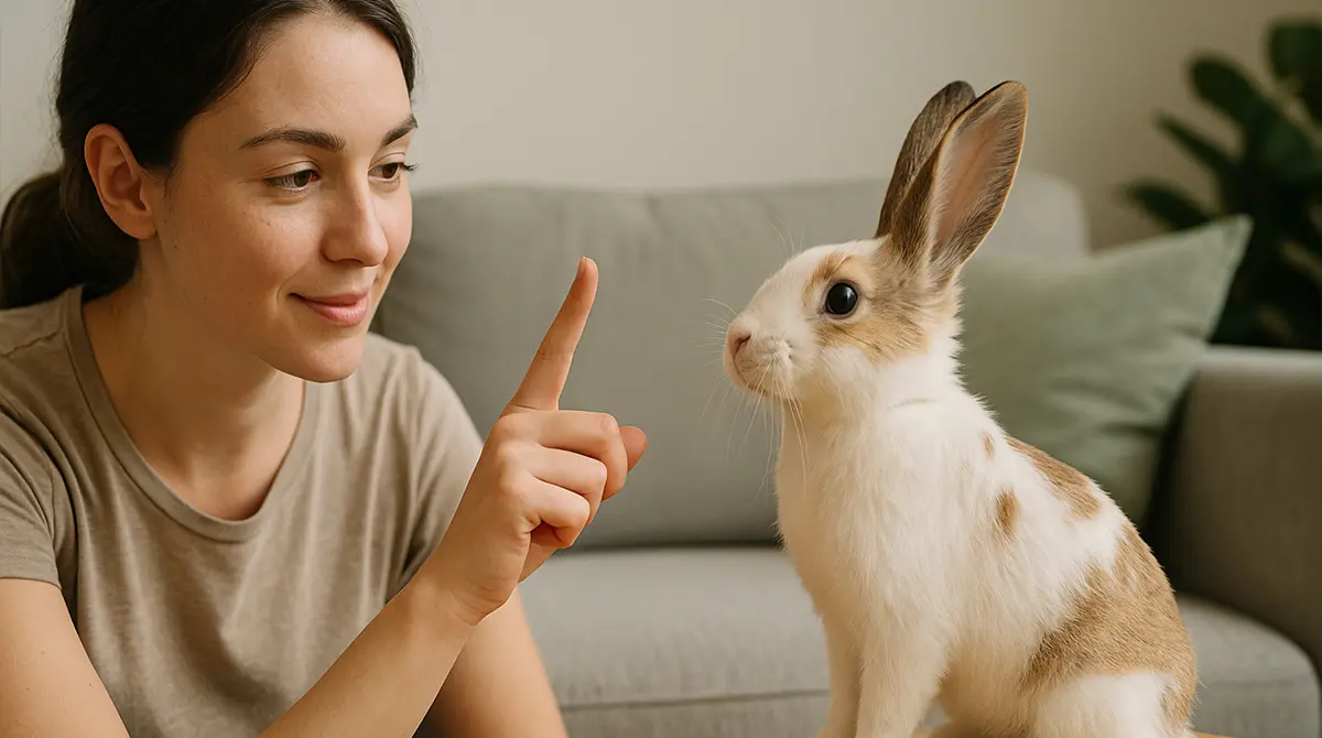 Woman training a rabbit indoors with gentle interaction.
